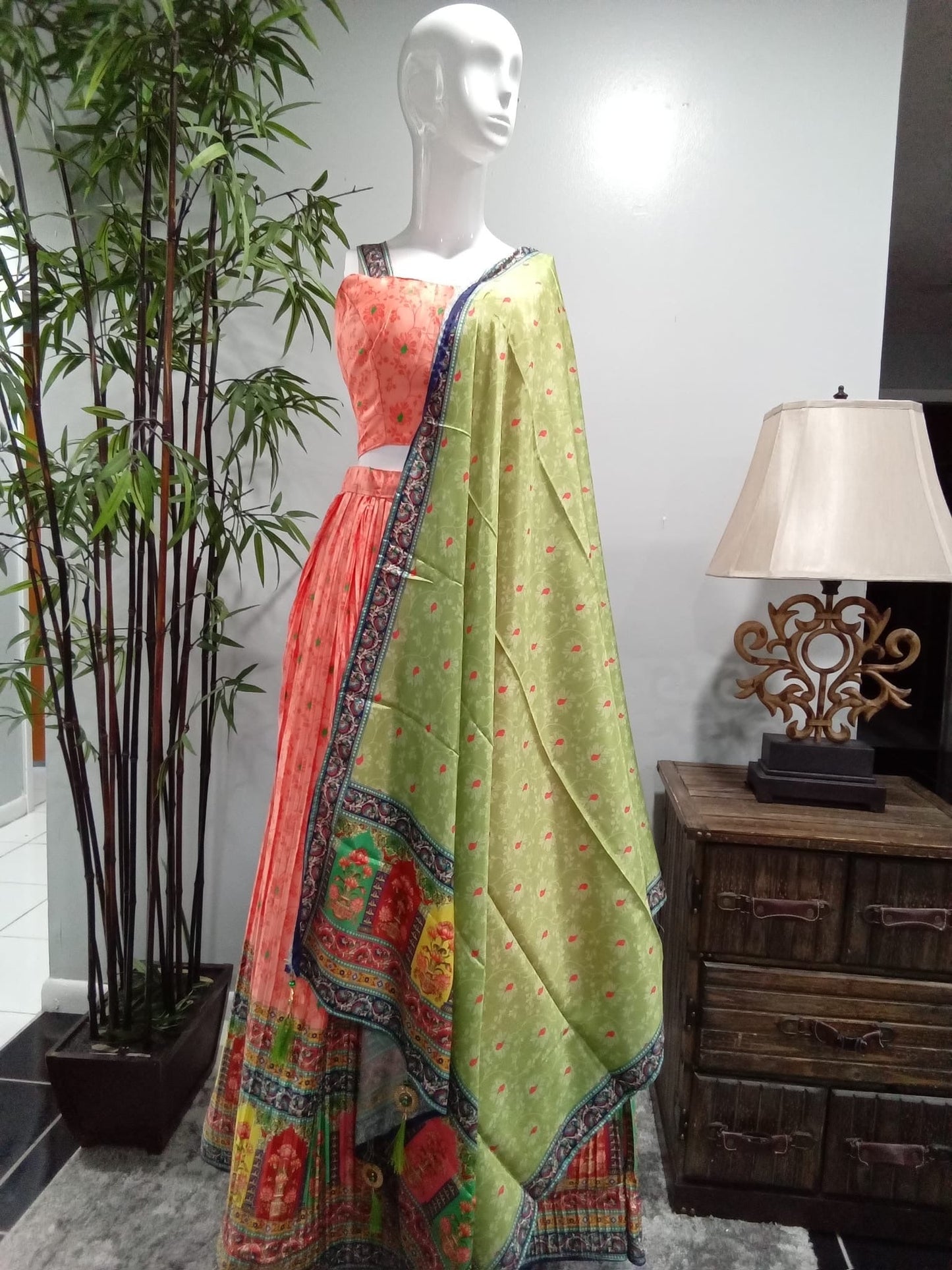 Pink Floral Embroidered Lehenga Set with Green Dupatta - Devi's Exclusive Fashion