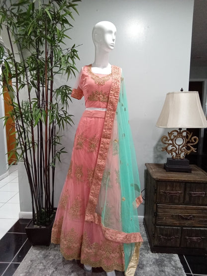 Pink & Gold Lehenga with Mint Green Dupatta - Devi's Exclusive Fashion