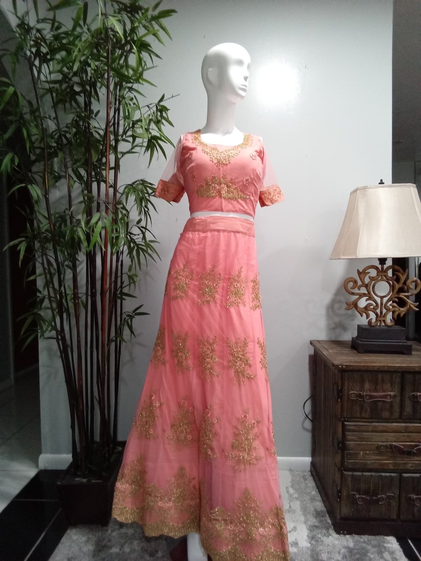 Pink & Gold Lehenga with Mint Green Dupatta - Devi's Exclusive Fashion