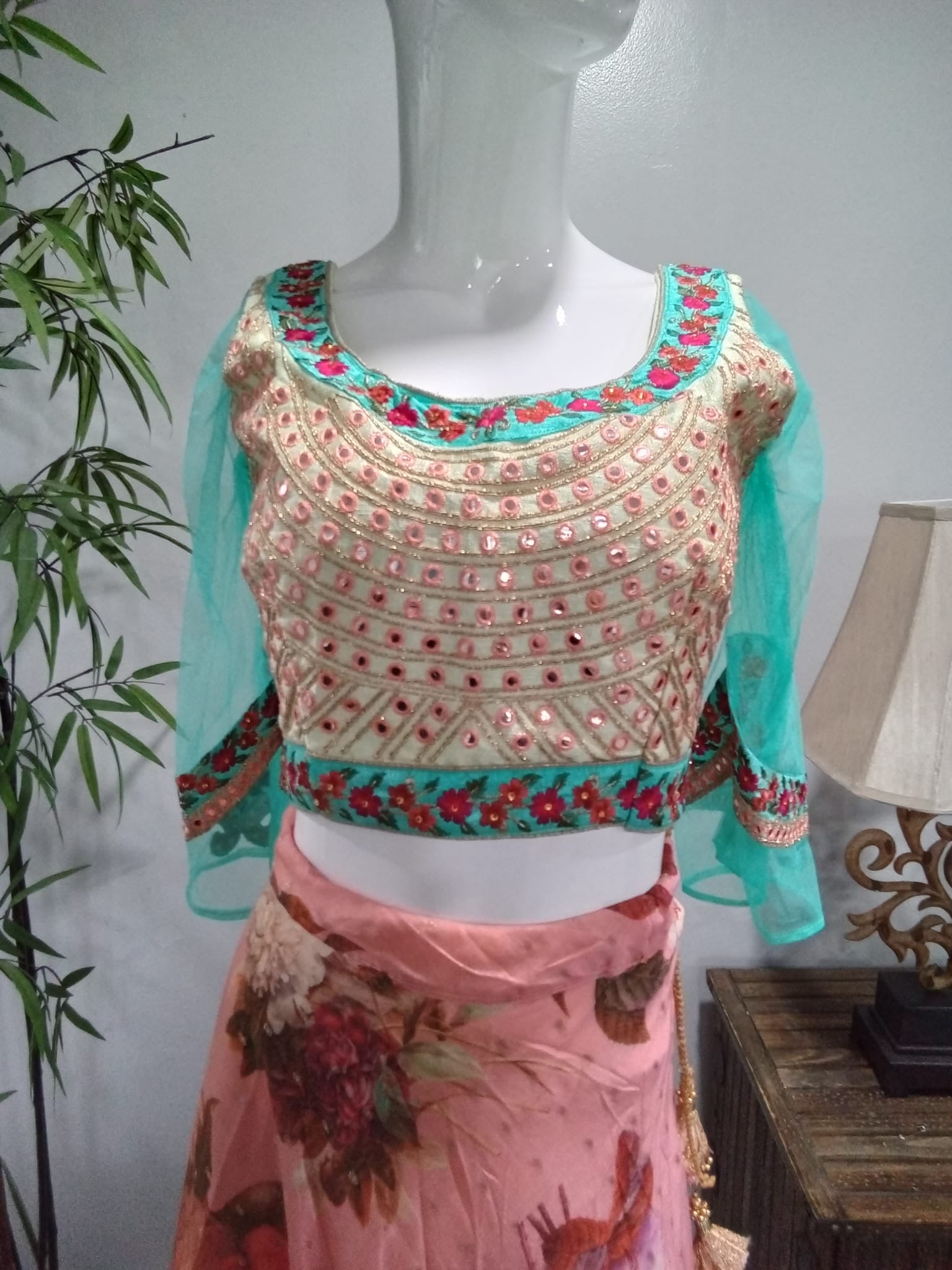 Pink & Teal Blue Designer Lehenga with Gold Embroidery - Devi's Exclusive Fashion