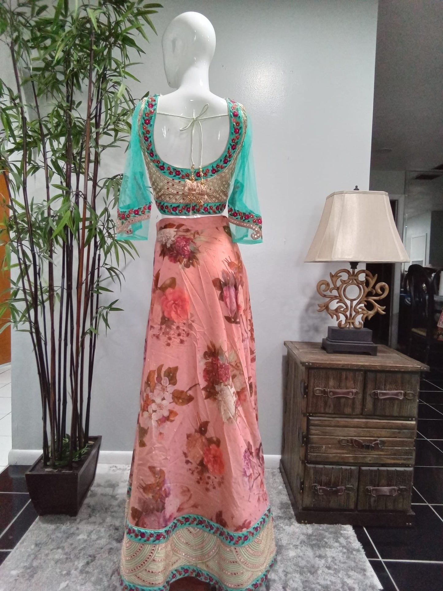 Pink & Teal Blue Designer Lehenga with Gold Embroidery - Devi's Exclusive Fashion