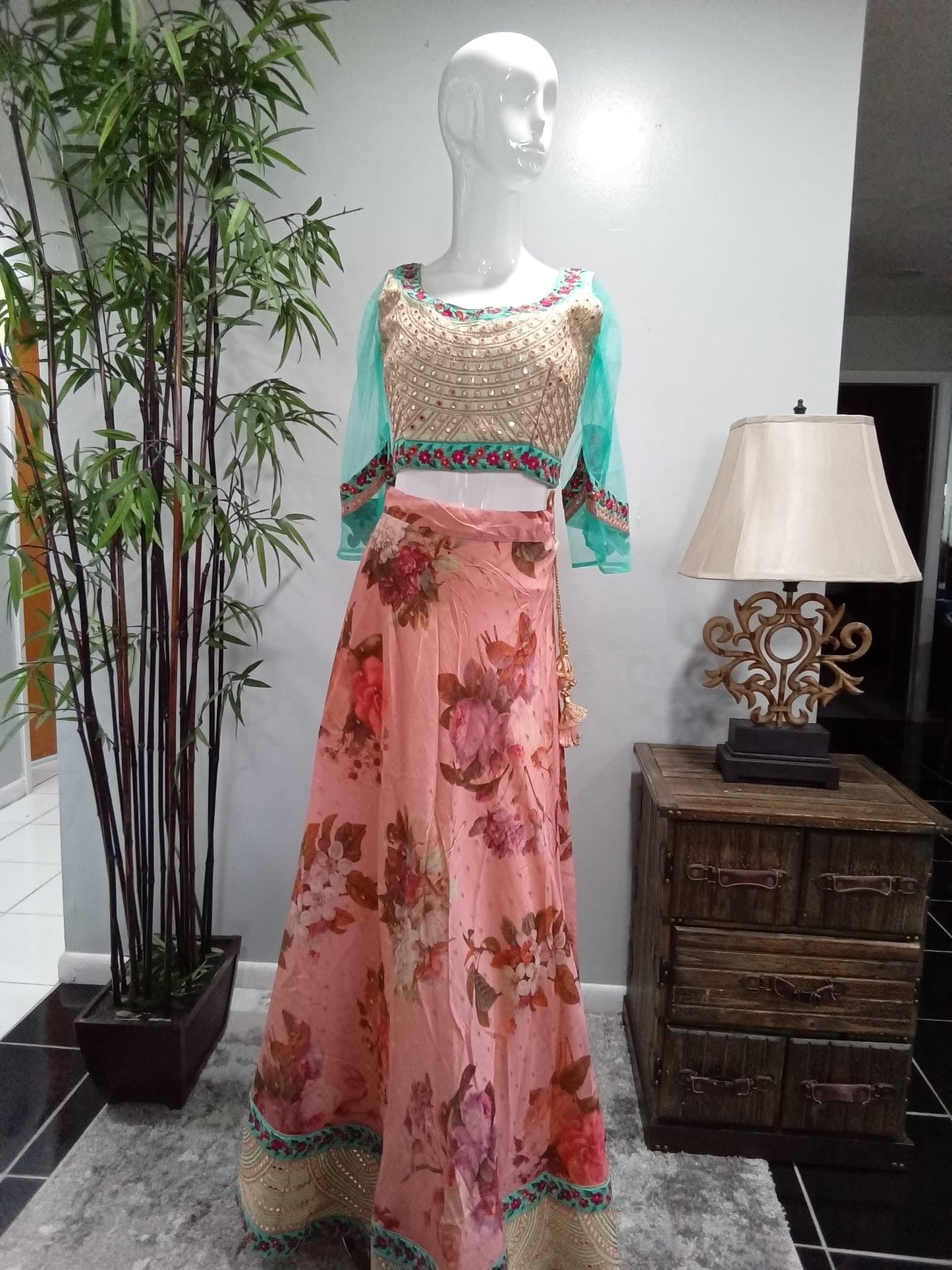 Pink & Teal Blue Designer Lehenga with Gold Embroidery - Devi's Exclusive Fashion
