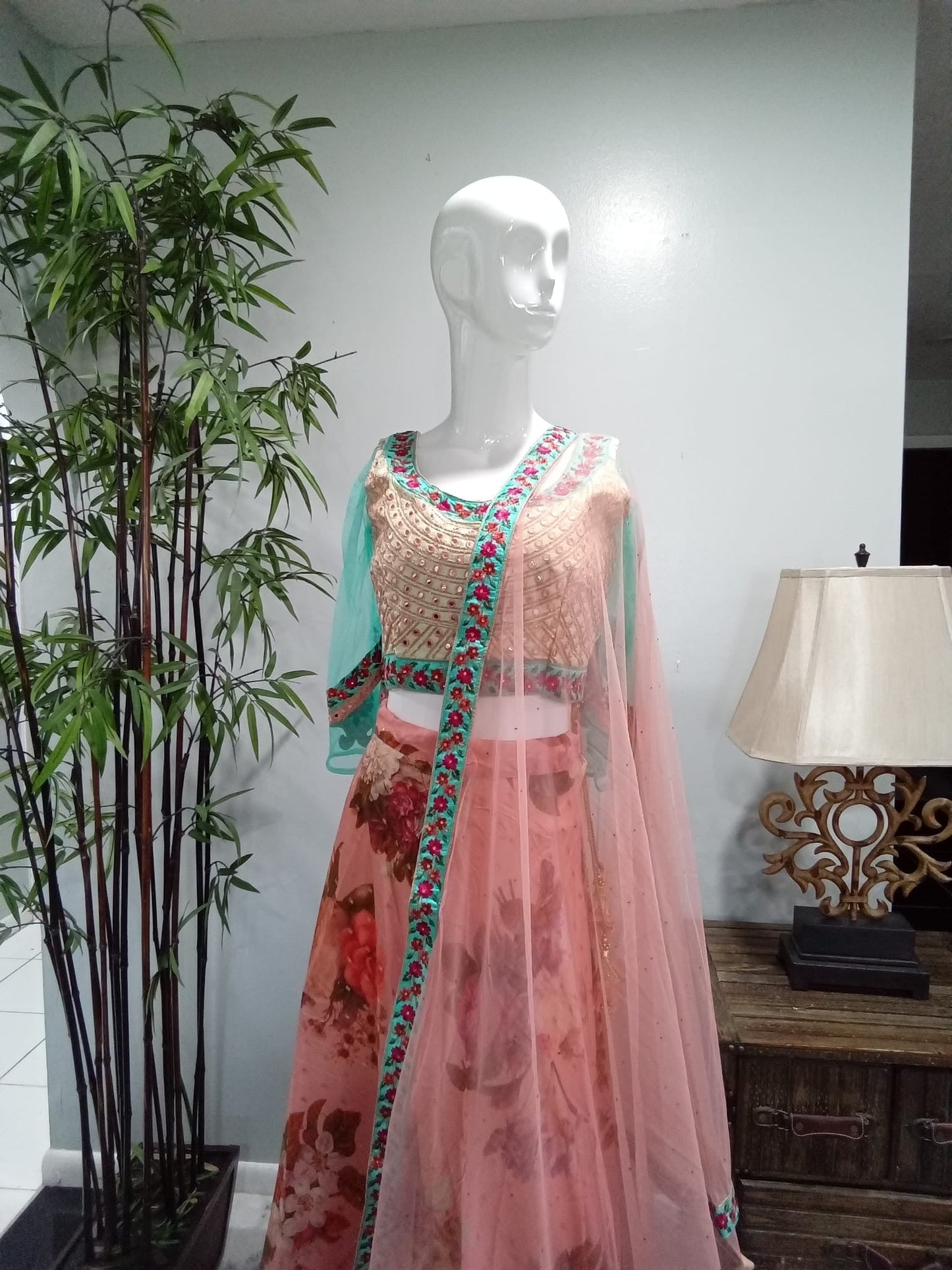 Pink & Teal Blue Designer Lehenga with Gold Embroidery - Devi's Exclusive Fashion
