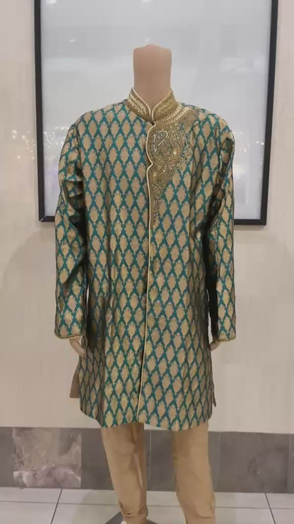 Royal Teal & Gold Sherwani Set