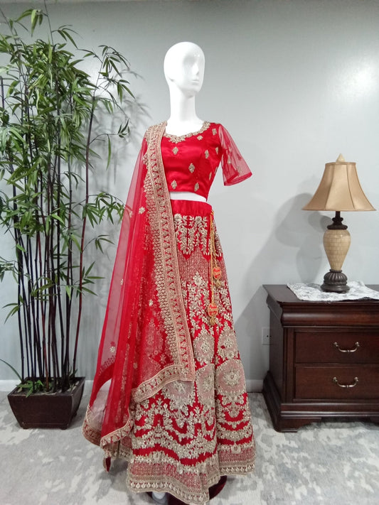 Red 3-Piece Lehenga with Silver and Gold Design - Devi's Exclusive Fashion