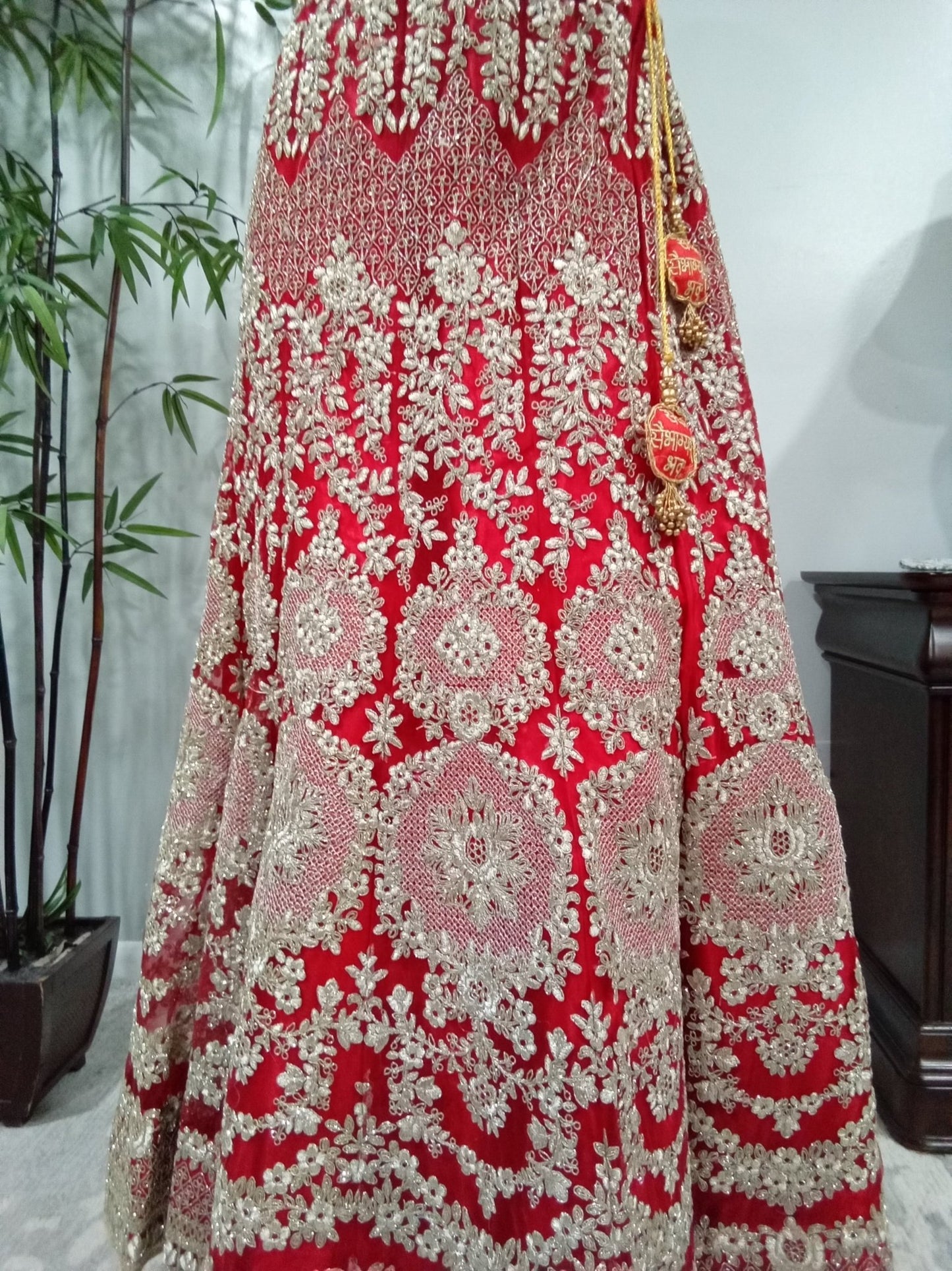 Red 3-Piece Lehenga with Silver and Gold Design - Devi's Exclusive Fashion