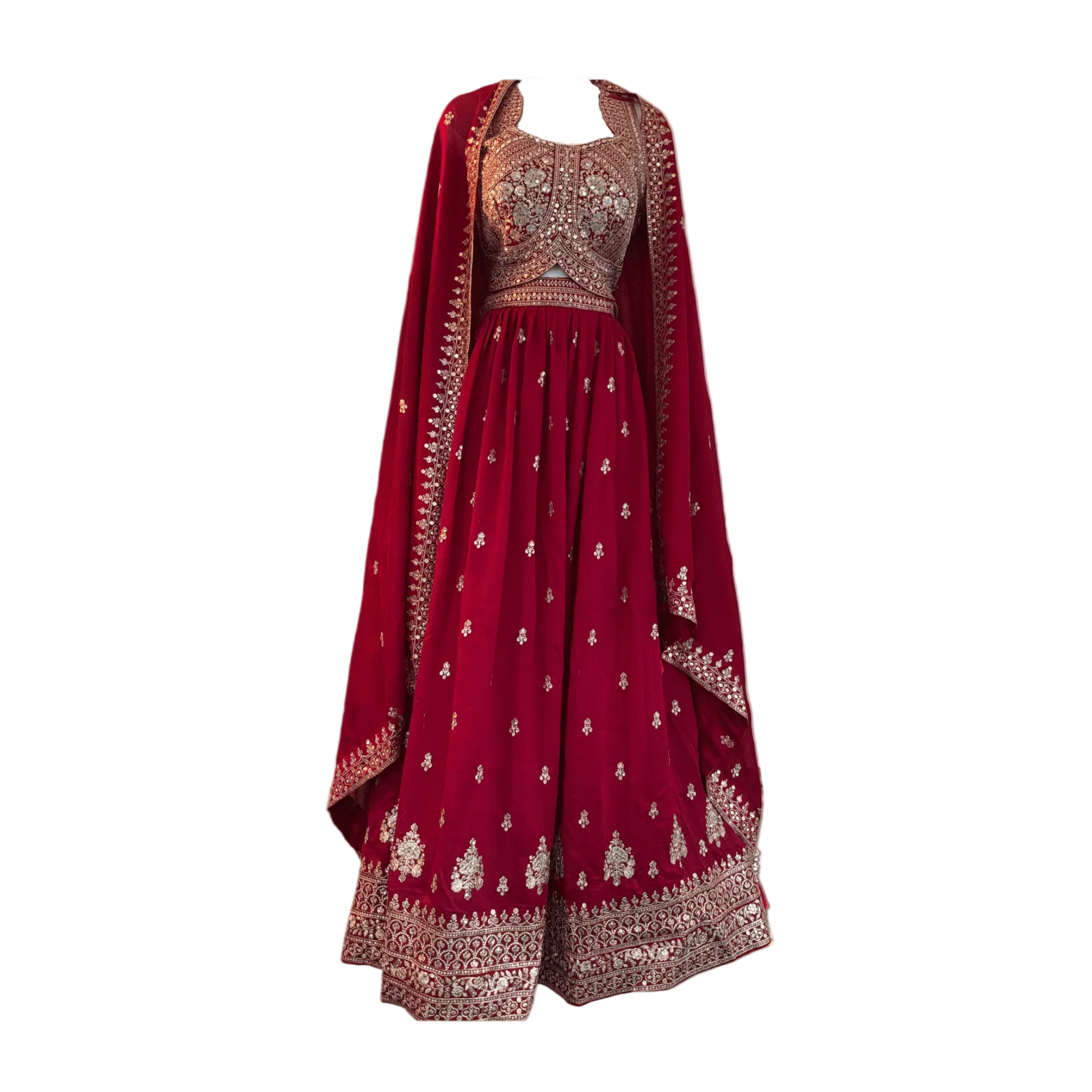 Red Embroidered Anarkali Dress with Dupatta - Devi's Exclusive Fashion
