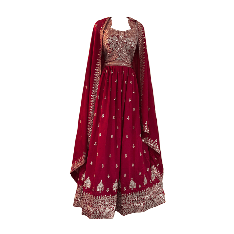 Red Embroidered Anarkali Dress with Dupatta - Devi's Exclusive Fashion