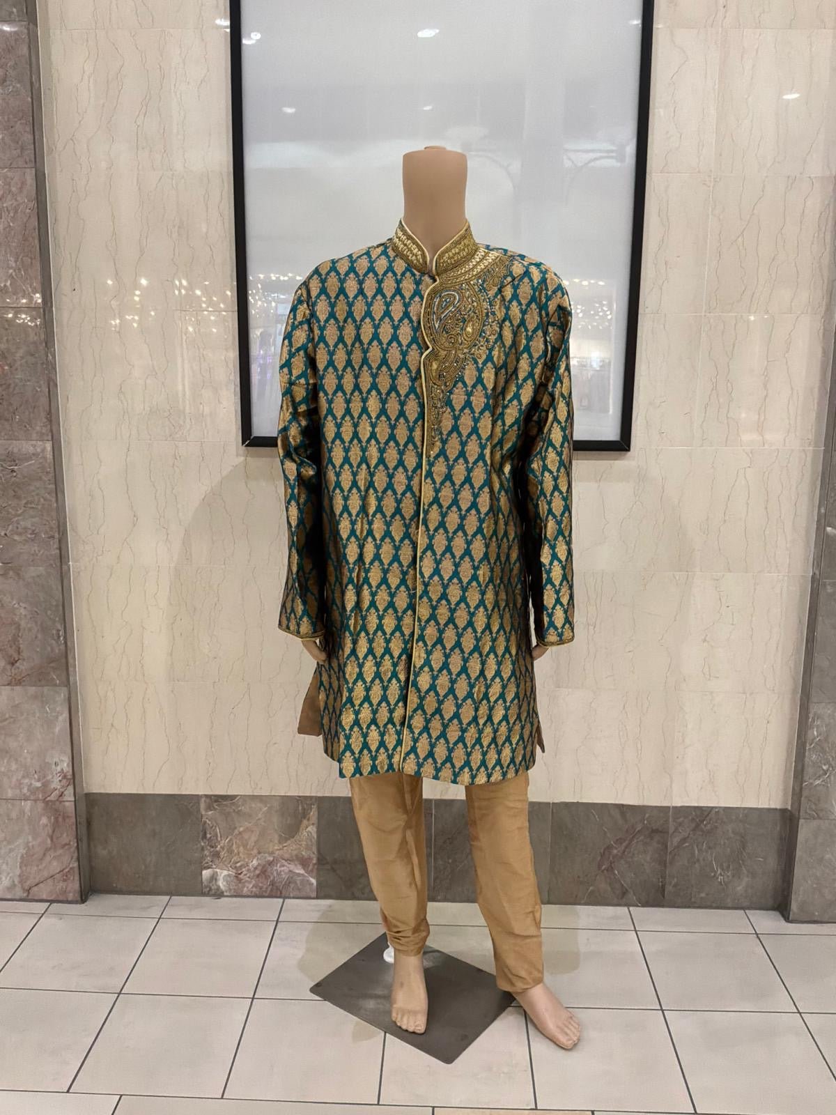 Royal Teal & Gold Sherwani Set - Devi's Exclusive Fashion
