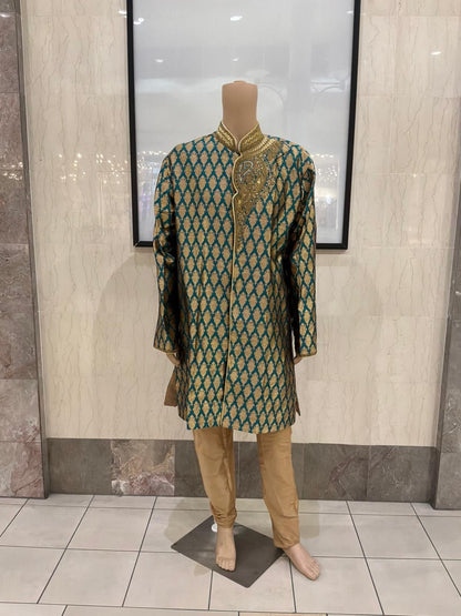 Royal Teal & Gold Sherwani Set - Devi's Exclusive Fashion
