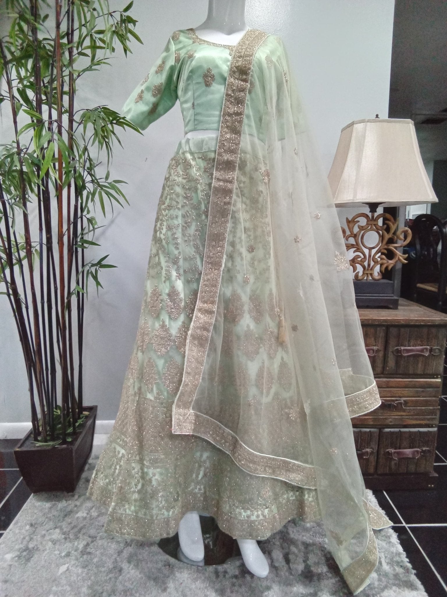 Sage Green Embroidered Lehenga Set with Gold Net Dupatta (3-Piece) - Devi's Exclusive Fashion