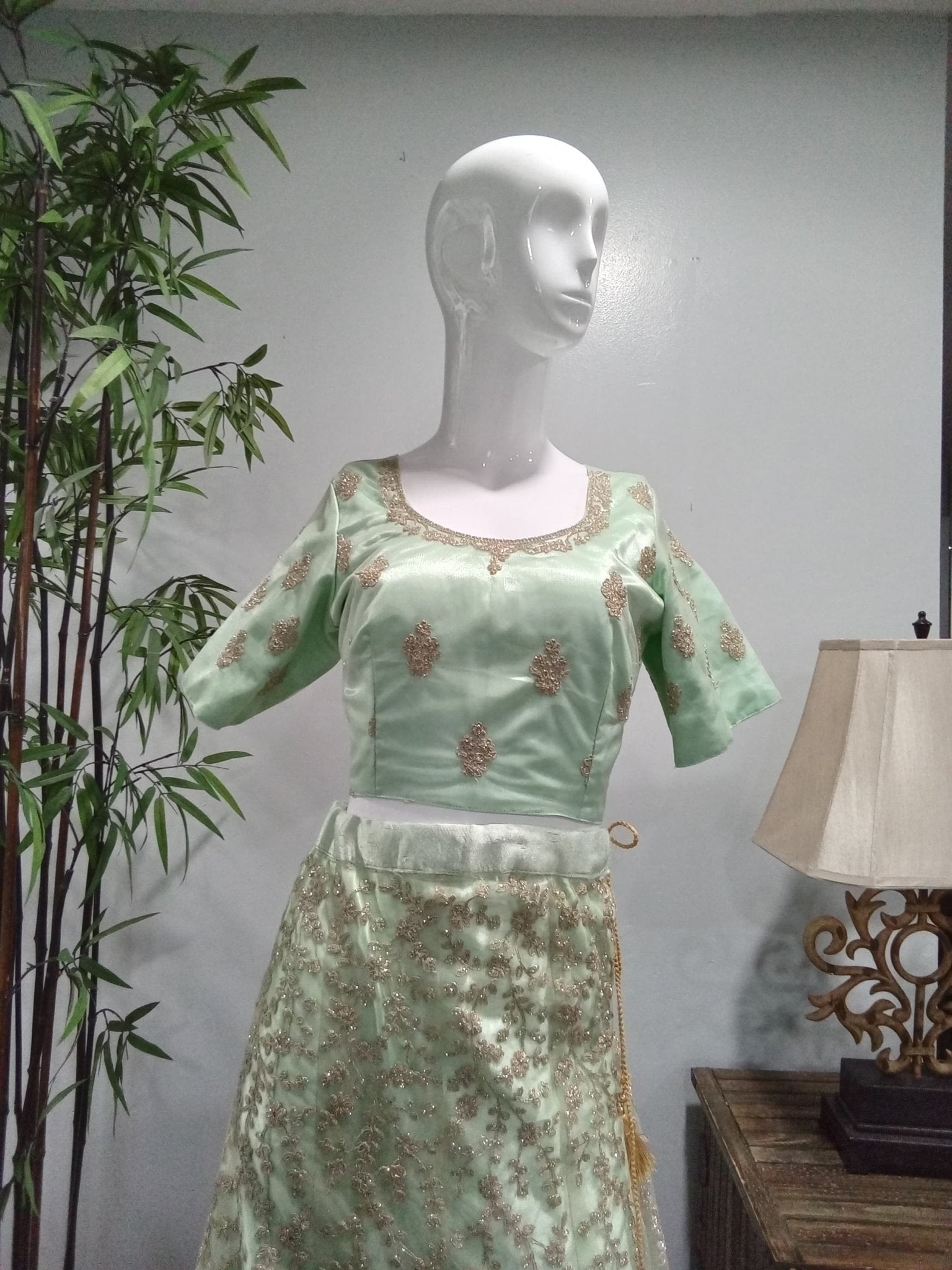 Sage Green Embroidered Lehenga Set with Gold Net Dupatta (3-Piece) - Devi's Exclusive Fashion
