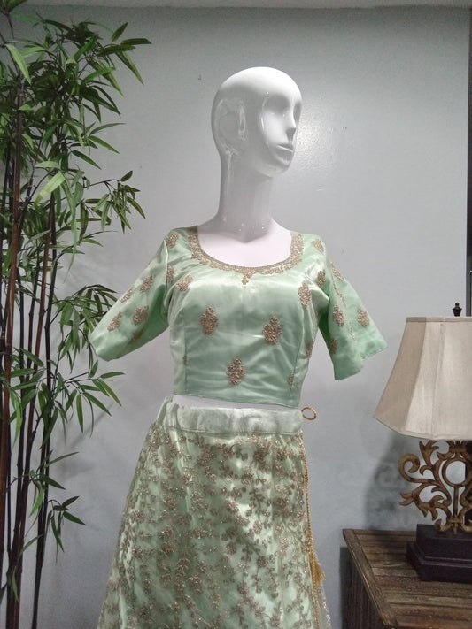 Sage Green Embroidered Lehenga Set with Gold Net Dupatta (3-Piece) - Devi's Exclusive Fashion