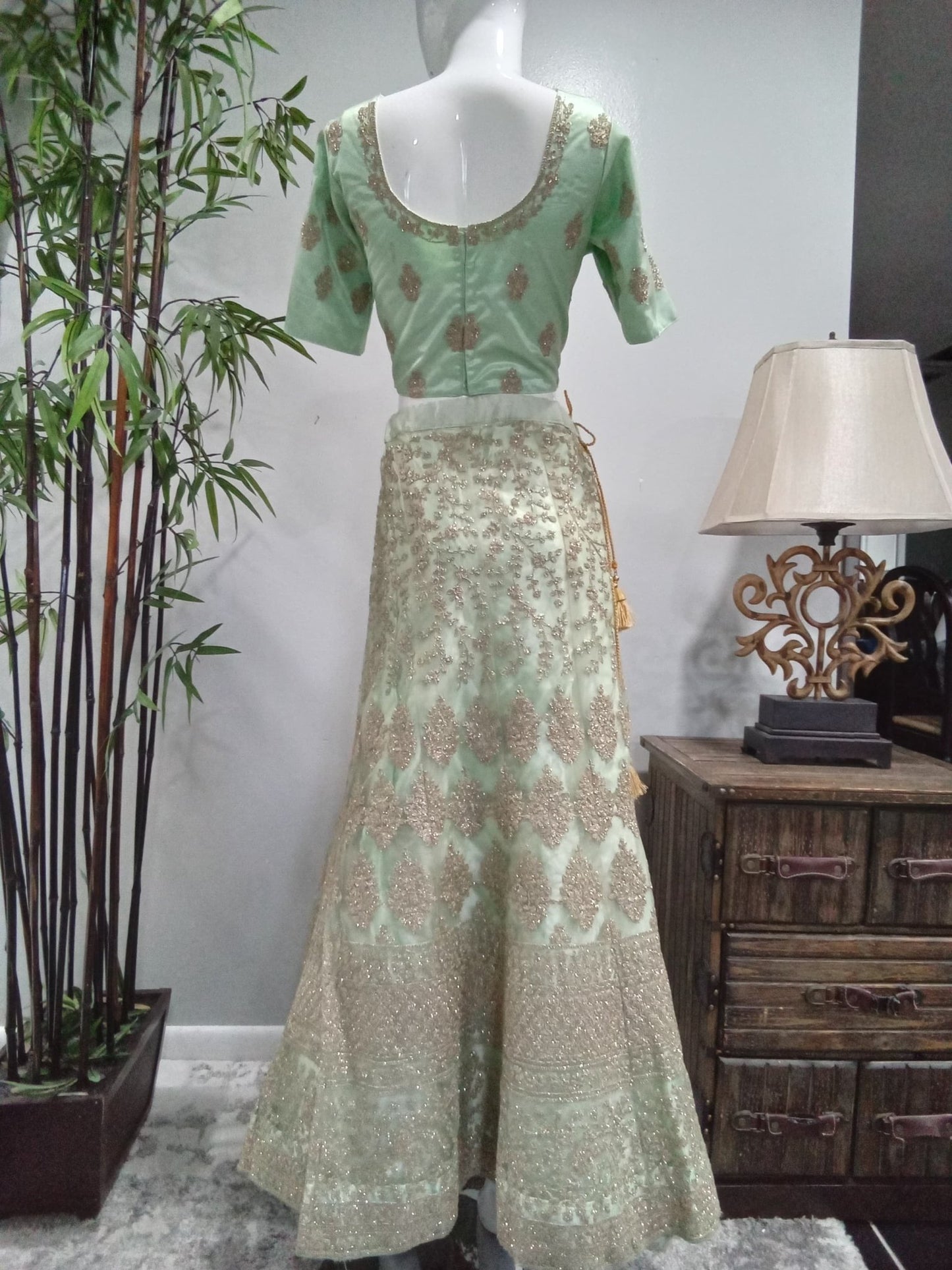 Sage Green Embroidered Lehenga Set with Gold Net Dupatta (3-Piece) - Devi's Exclusive Fashion