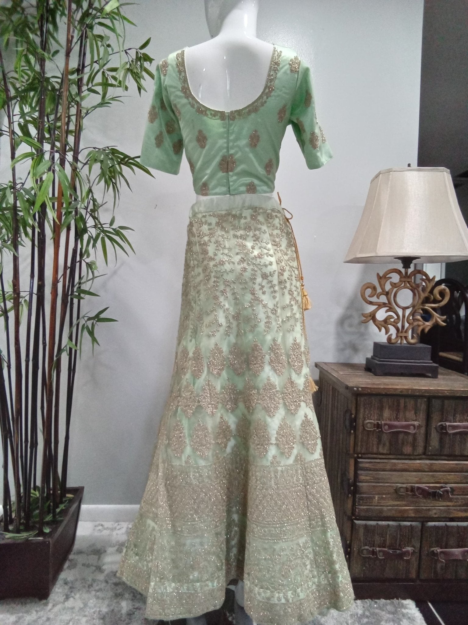 Sage Green Embroidered Lehenga Set with Gold Net Dupatta (3-Piece) - Devi's Exclusive Fashion