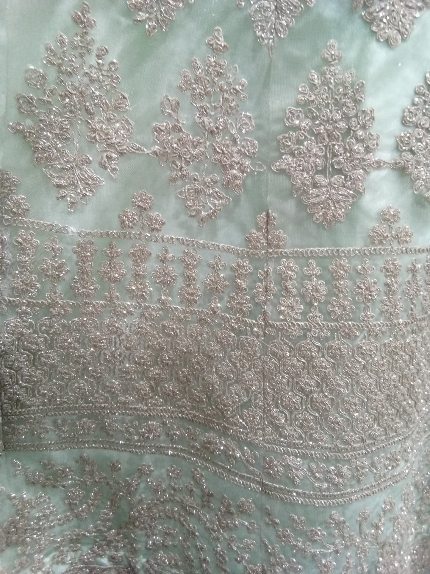 Sage Green Embroidered Lehenga Set with Gold Net Dupatta (3-Piece) - Devi's Exclusive Fashion