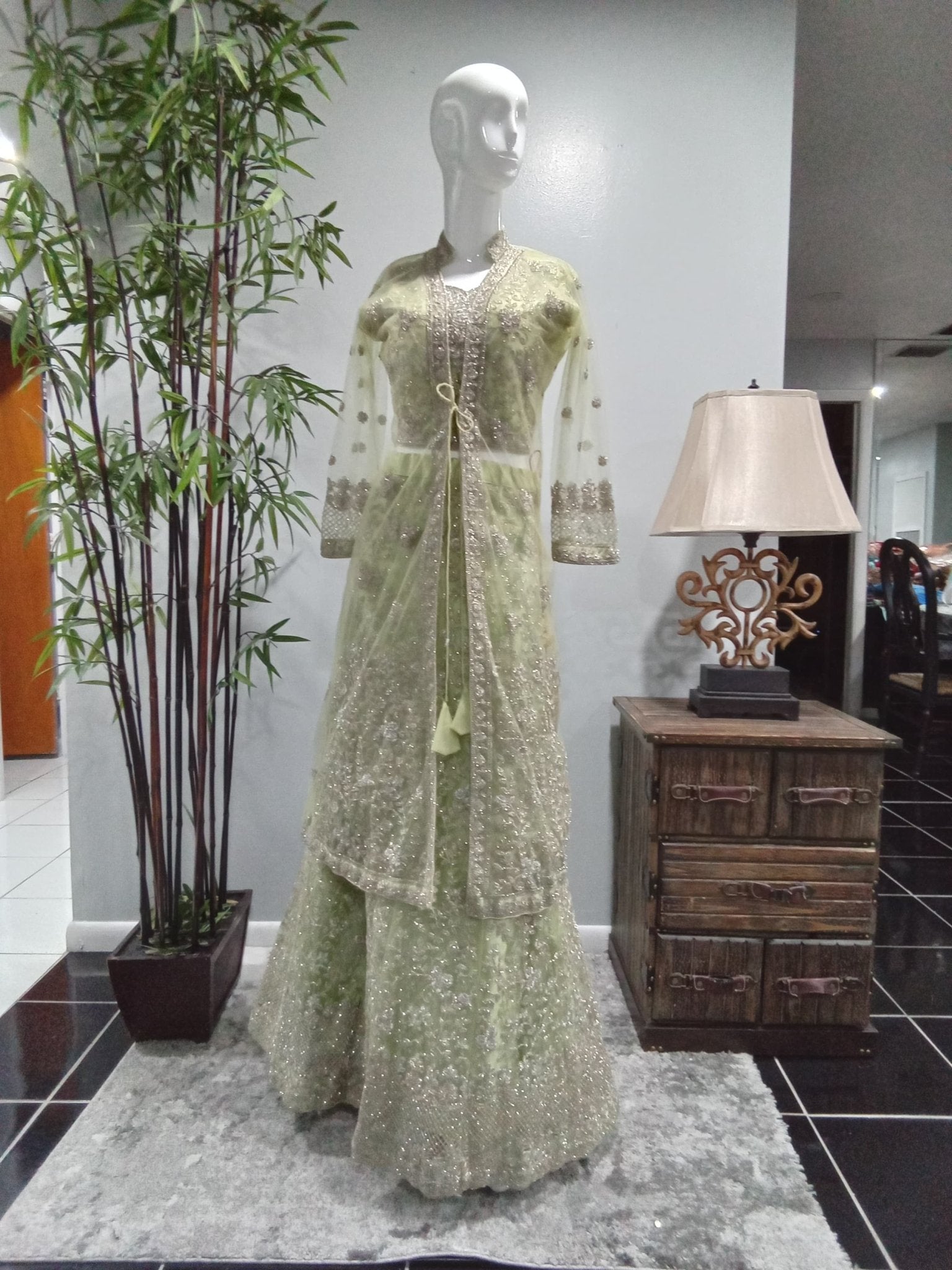 Sage Green Luxury Embroidered Lehenga Set with Jacket & Dupatta (4-Piece) - Devi's Exclusive Fashion