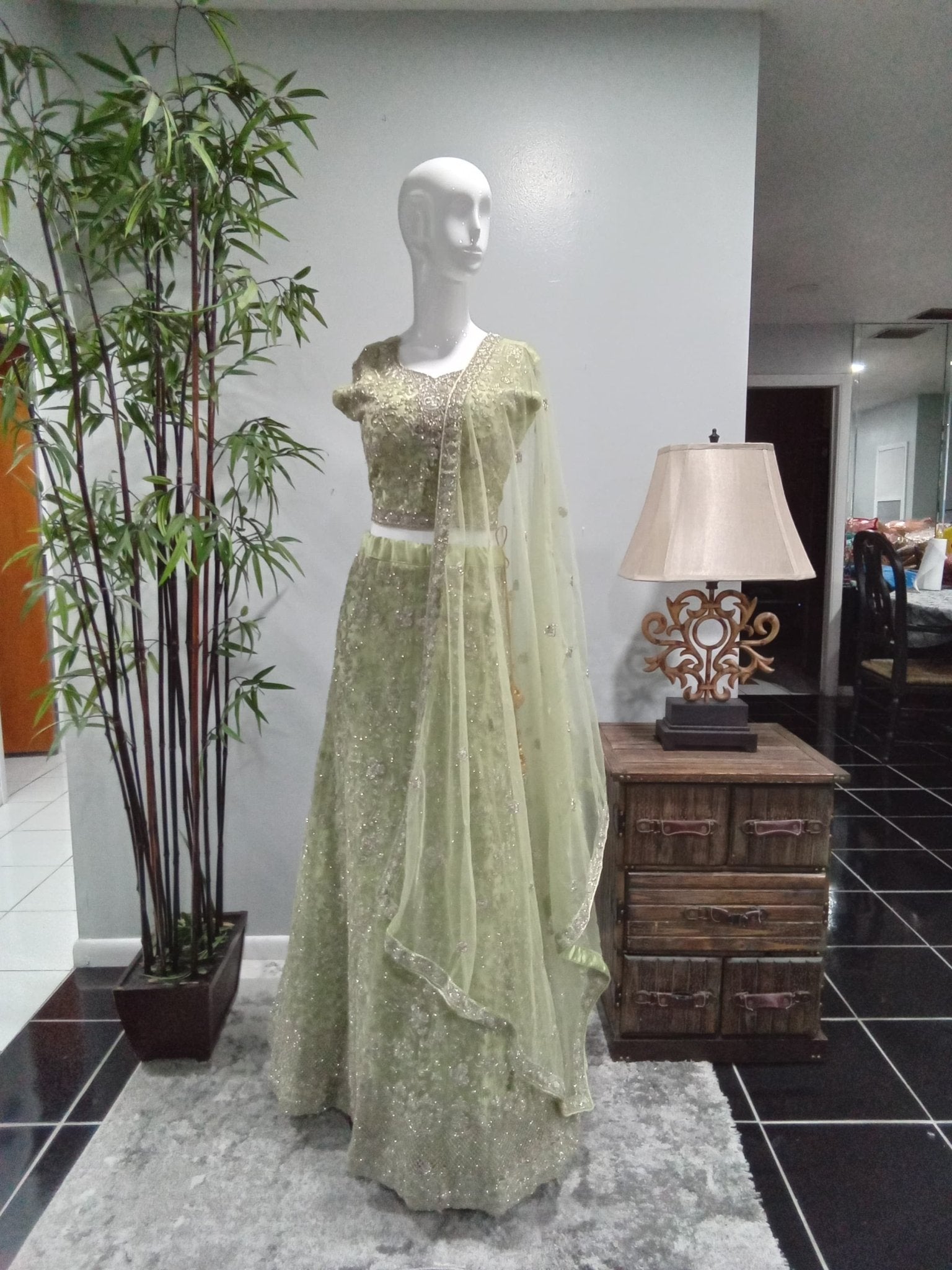 Sage Green Luxury Embroidered Lehenga Set with Jacket & Dupatta (4-Piece) - Devi's Exclusive Fashion