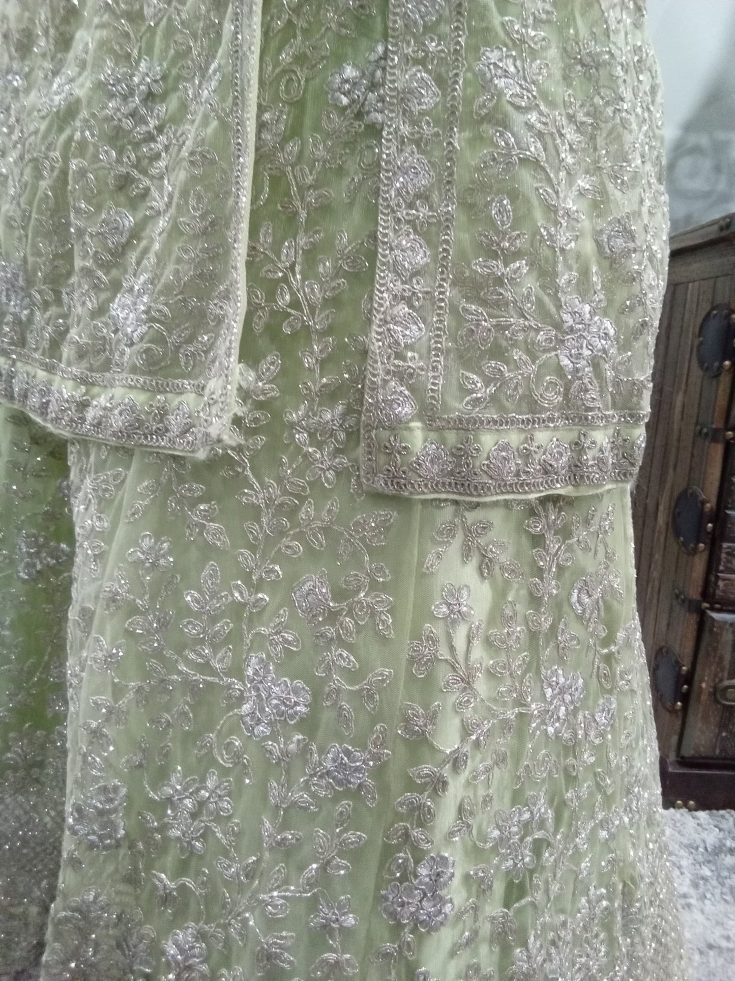 Sage Green Luxury Embroidered Lehenga Set with Jacket & Dupatta (4-Piece) - Devi's Exclusive Fashion