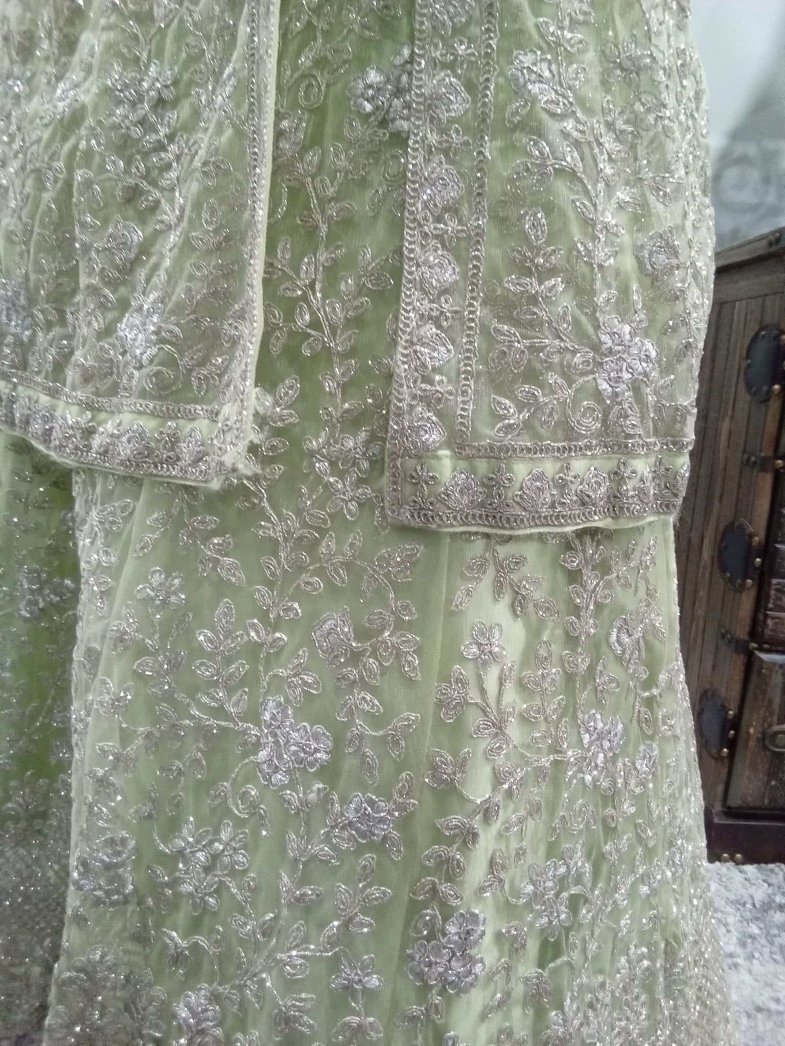 Sage Green Luxury Embroidered Lehenga Set with Jacket & Dupatta (4-Piece) - Devi's Exclusive Fashion