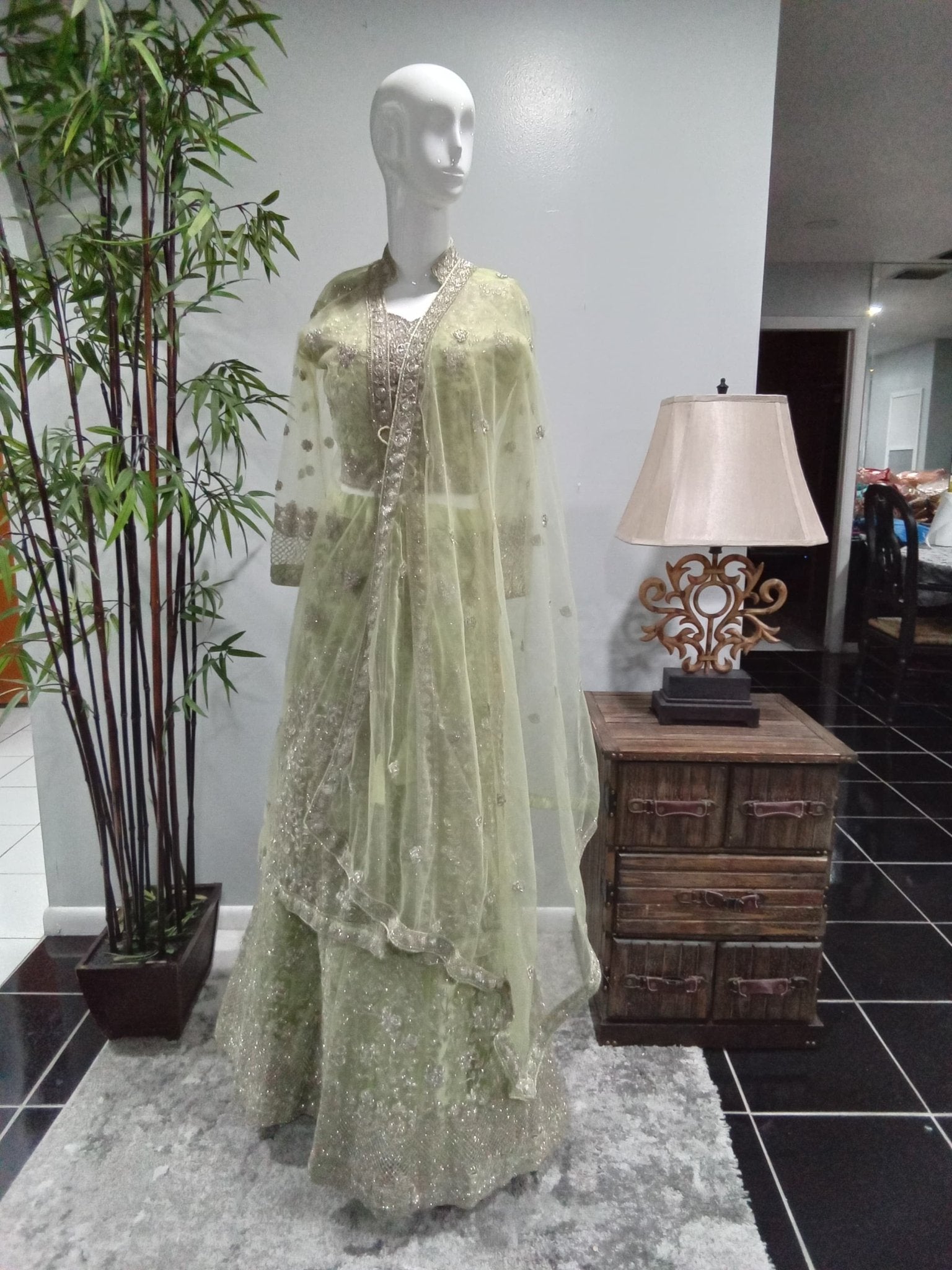 Sage Green Luxury Embroidered Lehenga Set with Jacket & Dupatta (4-Piece) - Devi's Exclusive Fashion