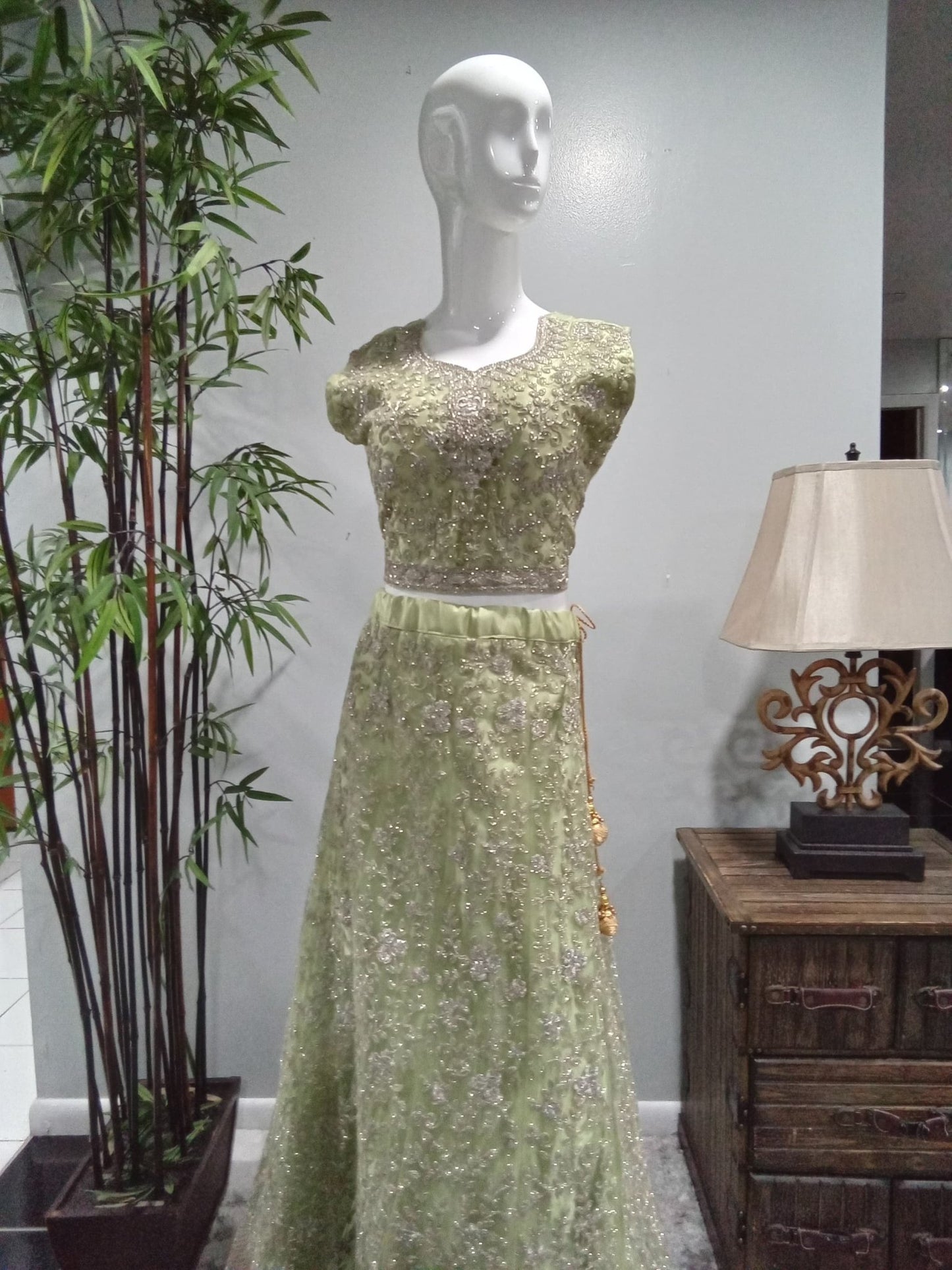 Sage Green Luxury Embroidered Lehenga Set with Jacket & Dupatta (4-Piece) - Devi's Exclusive Fashion