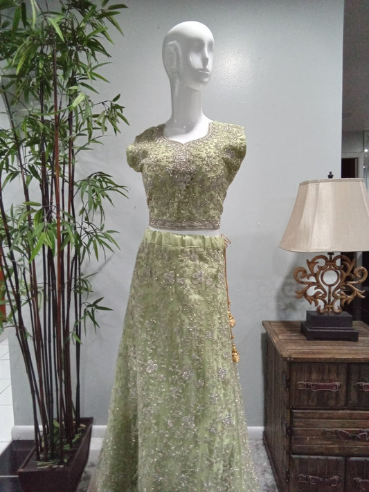 Sage Green Luxury Embroidered Lehenga Set with Jacket & Dupatta (4-Piece) - Devi's Exclusive Fashion