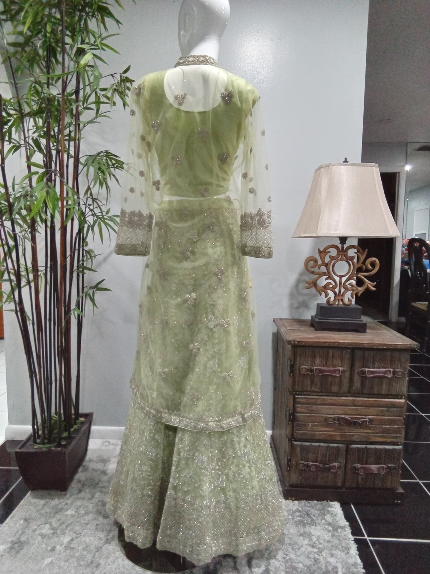 Sage Green Luxury Embroidered Lehenga Set with Jacket & Dupatta (4-Piece) - Devi's Exclusive Fashion