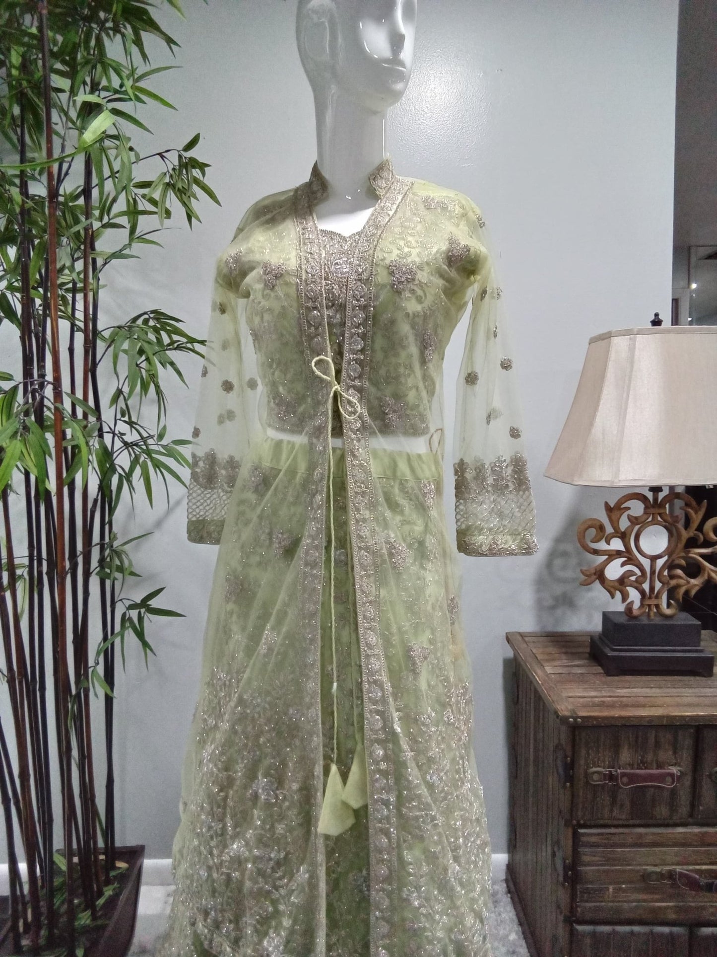 Sage Green Luxury Embroidered Lehenga Set with Jacket & Dupatta (4-Piece) - Devi's Exclusive Fashion
