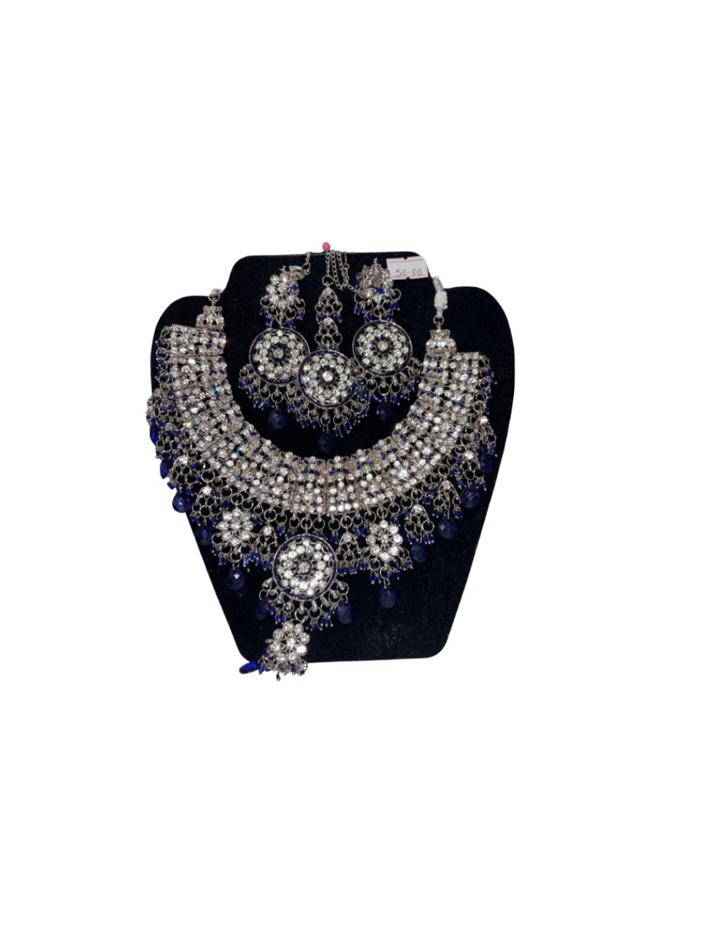 Silver-Toned Bridal Necklace Set with Blue Crystal Accents - Devi's Exclusive Fashion
