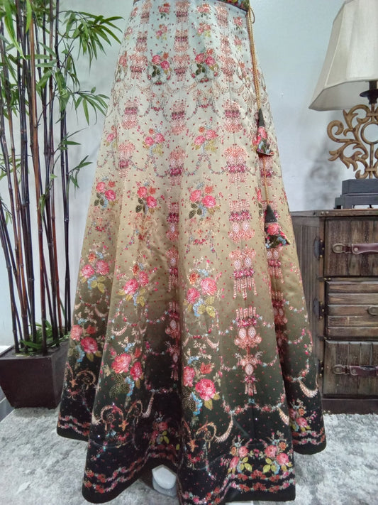 Vintage Floral Designer Lehenga Set with Blush Pink Dupatta (3-Piece) - Devi's Exclusive Fashion