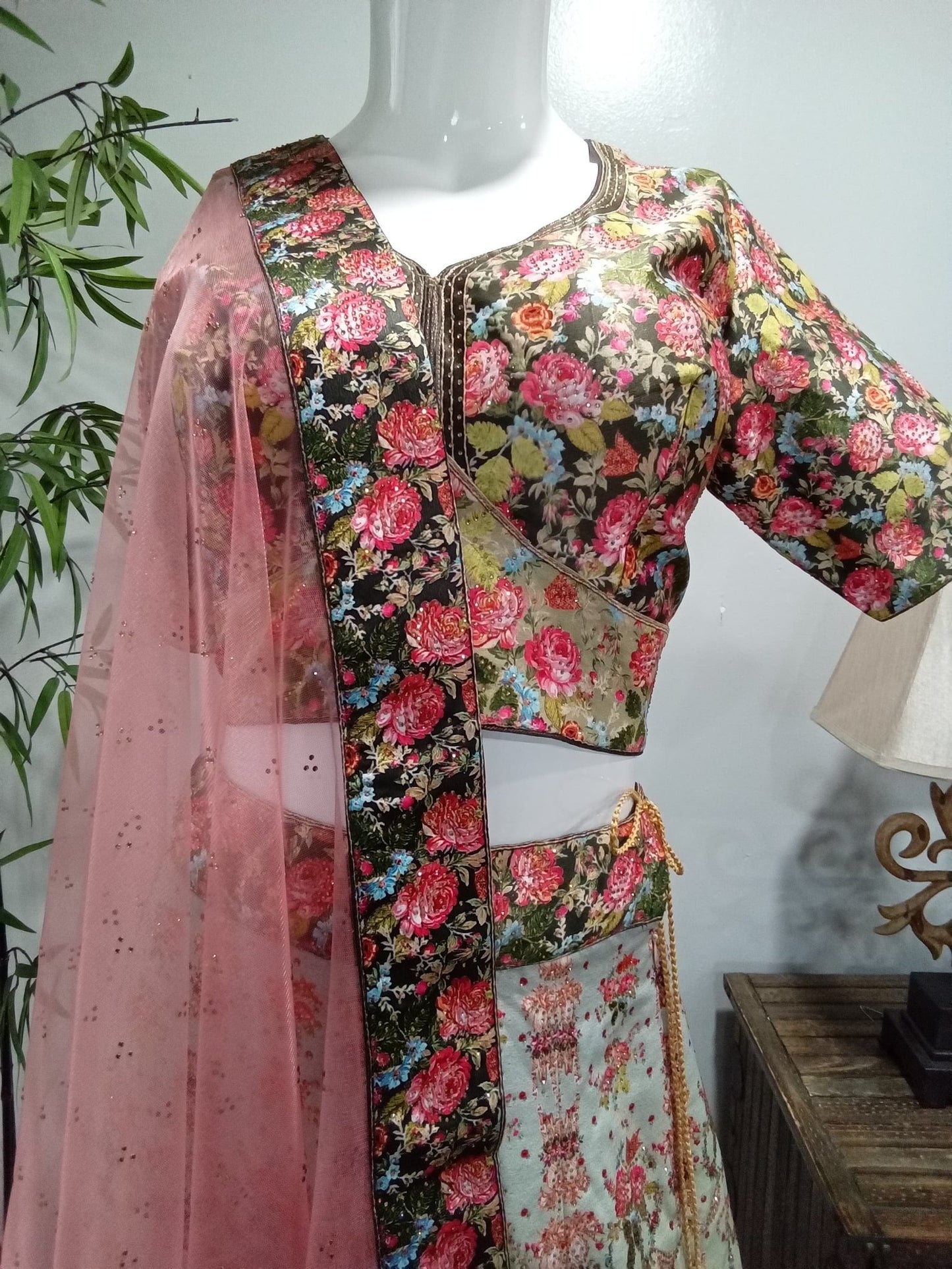 Vintage Floral Designer Lehenga Set with Blush Pink Dupatta (3-Piece) - Devi's Exclusive Fashion