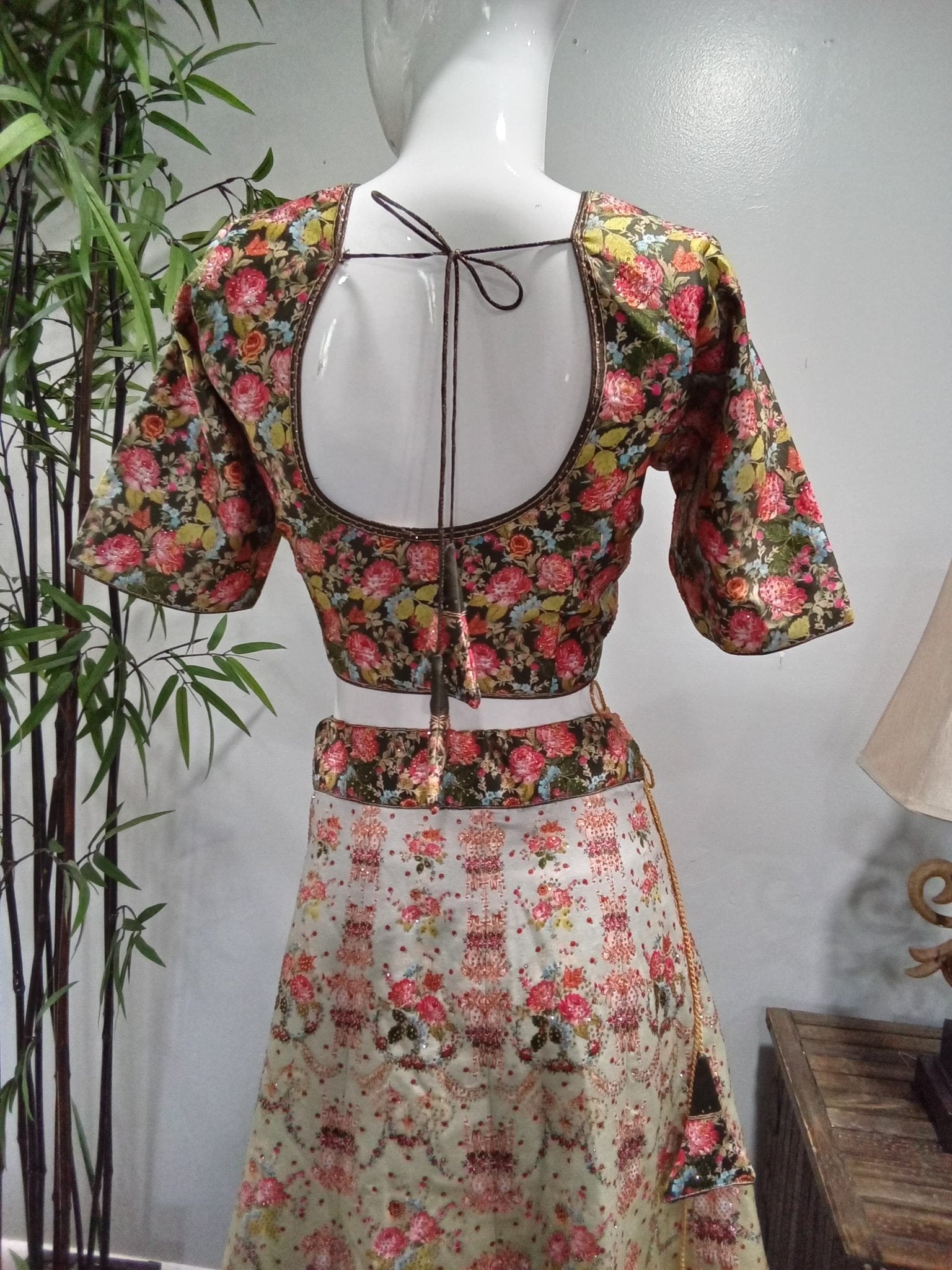 Vintage Floral Designer Lehenga Set with Blush Pink Dupatta (3-Piece) - Devi's Exclusive Fashion