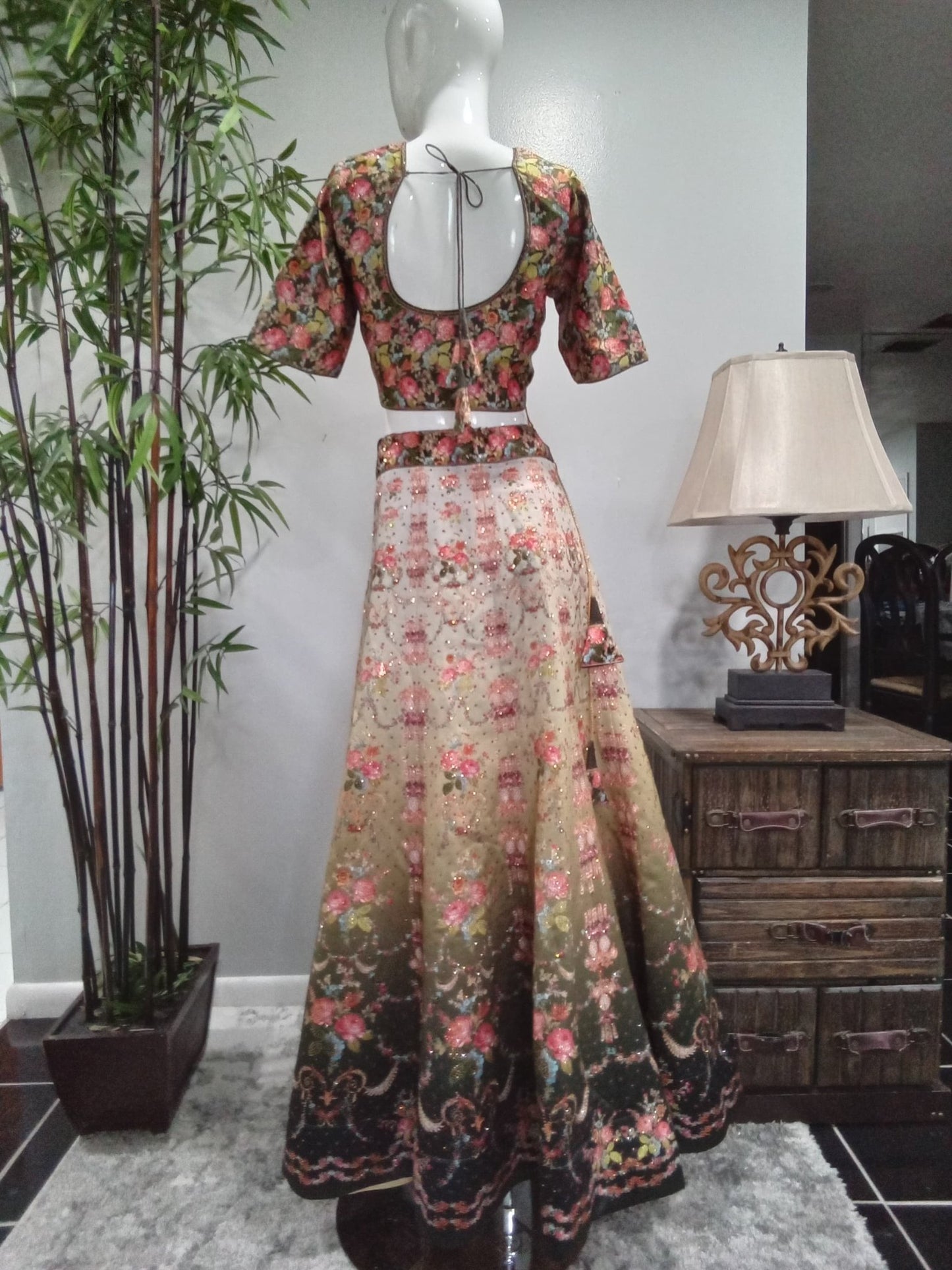 Vintage Floral Designer Lehenga Set with Blush Pink Dupatta (3-Piece) - Devi's Exclusive Fashion