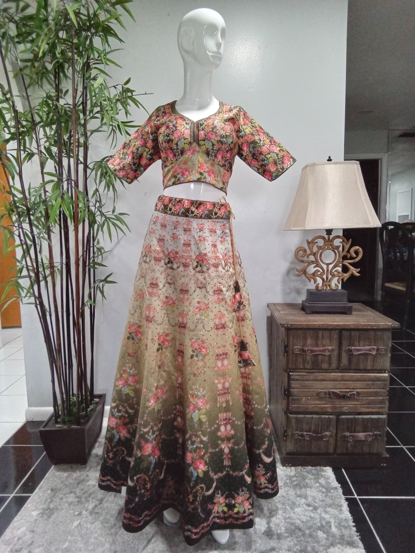 Vintage Floral Designer Lehenga Set with Blush Pink Dupatta (3-Piece) - Devi's Exclusive Fashion