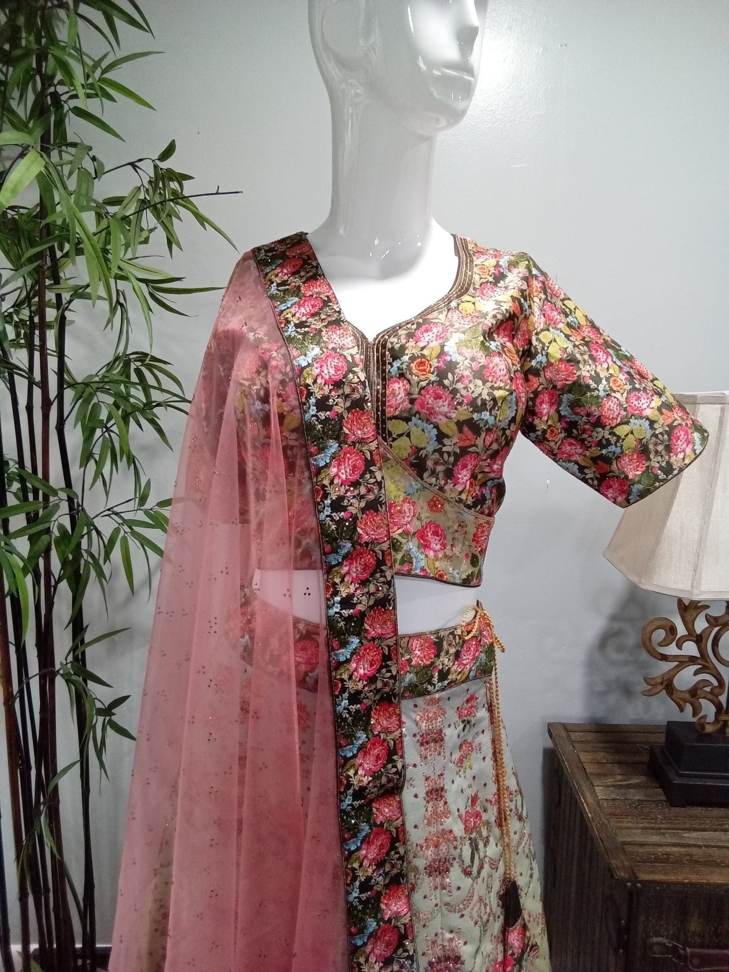 Vintage Floral Designer Lehenga Set with Blush Pink Dupatta (3-Piece) - Devi's Exclusive Fashion